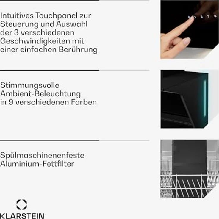 Klarstein Alina Dunstabzugshaube, EEK A, Touchpanel, LED-Beleuchtung, Abluft/Umluft, 615 m³/h, Schwarz – Bild 6