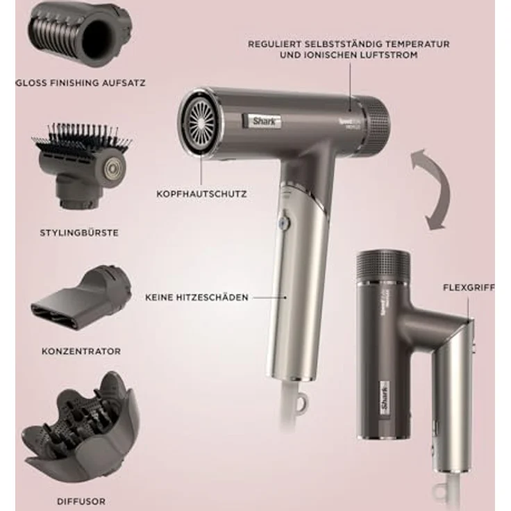 Shark SpeedStyle Pro FLEX Haartrockner, hohe Leistung & Power mit 4 Styling-Aufsätzen, leicht, keine Hitzeschäden, faltbarer Griff, für alle Haartypen, Mokka-Silber – Bild 2