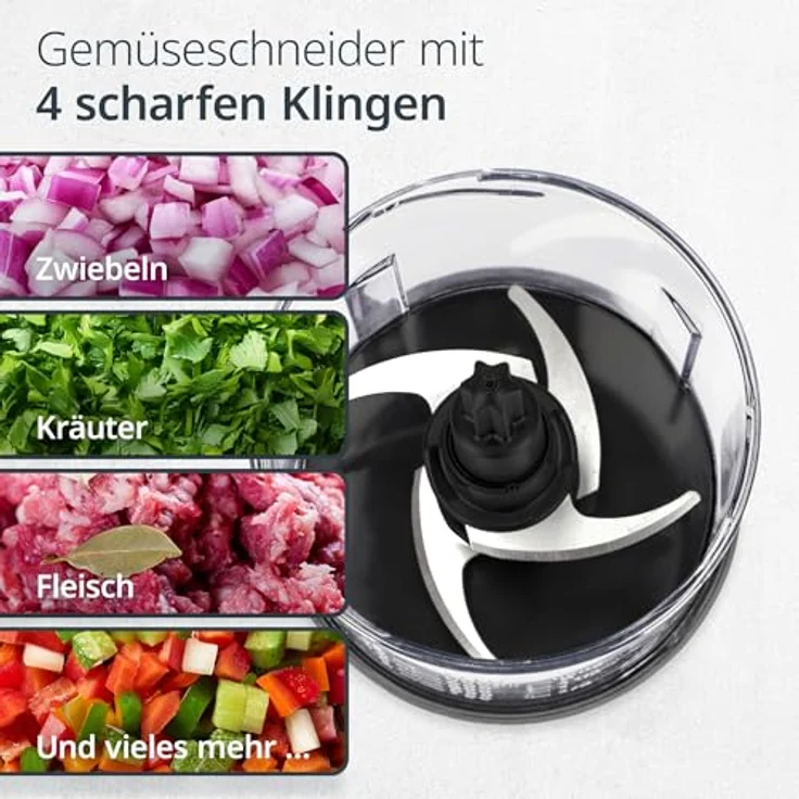 ADE Elektrischer Zerkleinerer, Gemüse- und Zwiebelschneider mit 400 W, 4 Edelstahlklingen, 500 ml, kompakt und benutzerfreundlich – Bild 4