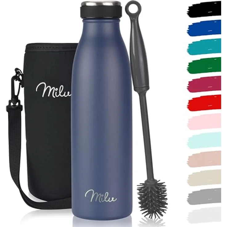 Milu Edelstahl Trinkflasche 500ml, doppelwandig isolierte Wasserflasche, auslaufsicher, kohlensäuregeeignet, Navyblau – inkl. Reinigungsbürste – Bild 1