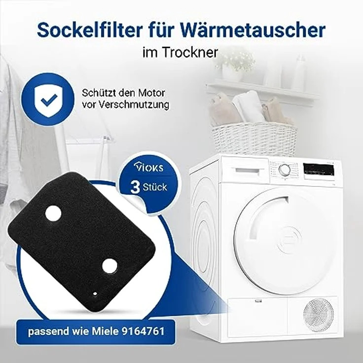 VIOKS Filter Set 3x Schwammfilter, Ersatz für Мiele 9164761, 207x155mm, schwarz, hochqualitativ und langlebig für Trockner Wärmepumpentrockner/Wäschetrockner – Bild 2