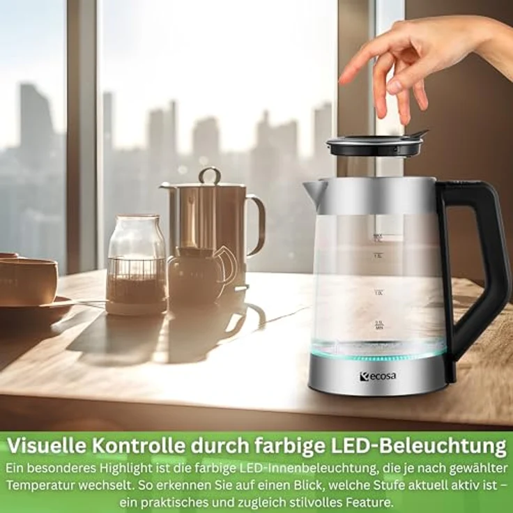 Ecosa EO-660 Glas-Wasserkocher, 2200W, 1,7L, Wasserstandsanzeige, Überhitzungsschutz – Bild 8