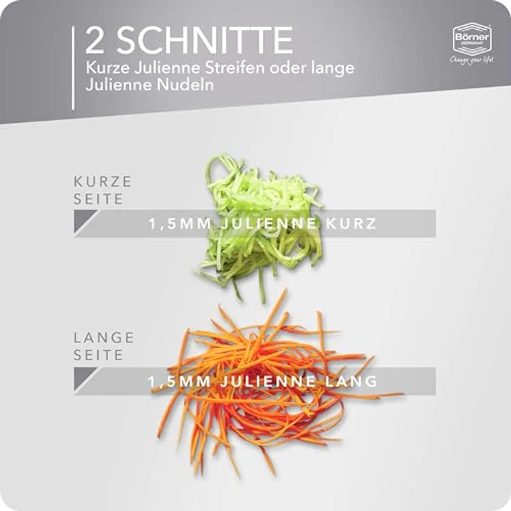 Börner Gemüseschneider Roko PowerLine, Rohkostschneider & Julienneschneider, robuste Reibe ohne Weichmacher und BPA, für feine Julienne-Streifen – Bild 3
