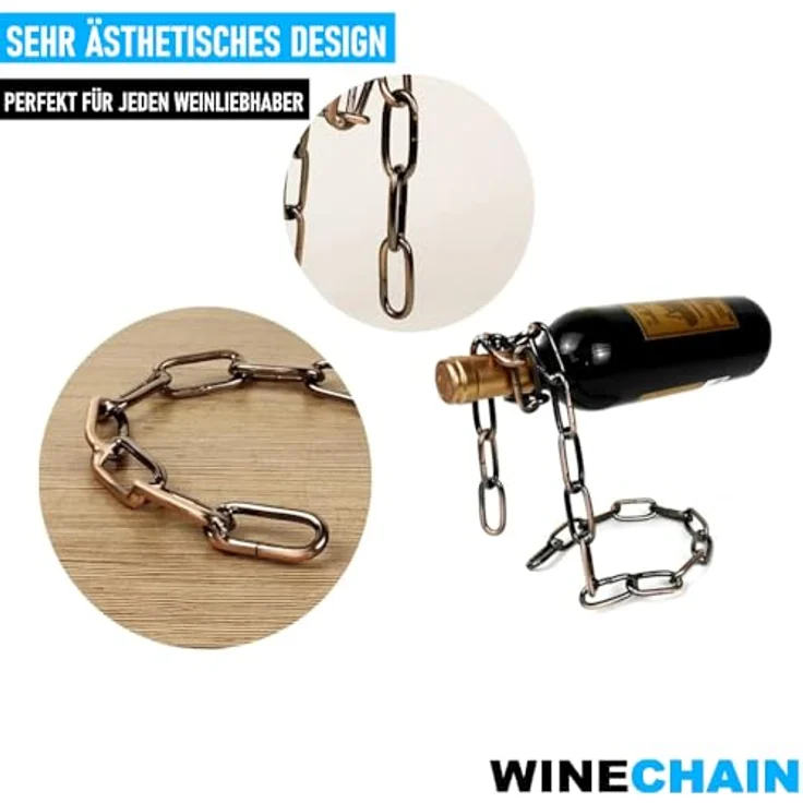 MAVURA Weinflaschenhalter WINECHAIN Flaschenhalter Weinständer Flaschenständer Kette Metall, für Wein Design Silber - Illusion einer schwebenden Flasche – Bild 2