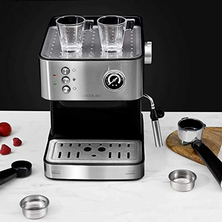 Cecotec Kaffeemaschine Power Espresso 20 Professionale.für 1-2 Tassen,20 bar, 1'5 L,Siebträger mit Doppelauslauf, Milchaufschäumdüse, Manometer,Tassenabstellfläche, 850 W, edelstahl – Bild 5