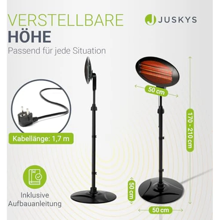 Juskys Infrarotstrahler 2000 W, höhenverstellbarer Standheizstrahler in Schwarz mit 3 Heizstufen für Terrasse & Garten – Bild 4