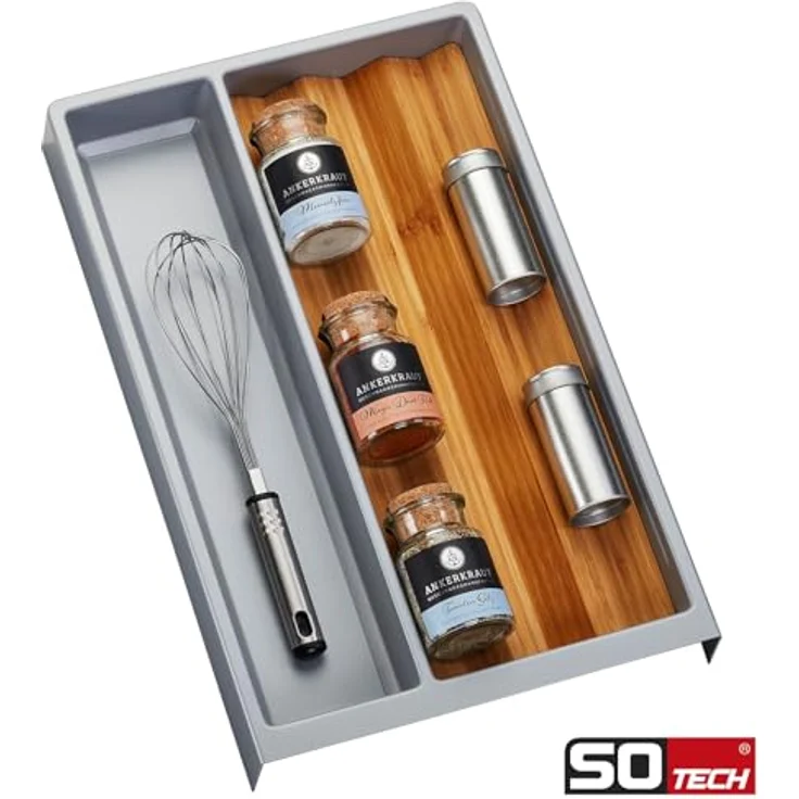Orga-Box SEPARADO Individual Multifunktionseinsatz silbergrau genarbt (300 x 474 x 51 mm) inkl. Bambus Gewürzeinsatz - Große Fächer für Küchenutensilien – Bild 2