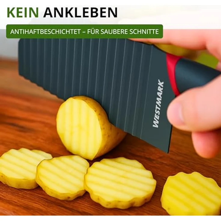 Westmark Wellenschneider Buntmesser für Gemüse, Kartoffeln und Pommes – Wellenmesser mit Antihaftbeschichtung, Schwarz-Rot, 28,3 cm – Bild 2