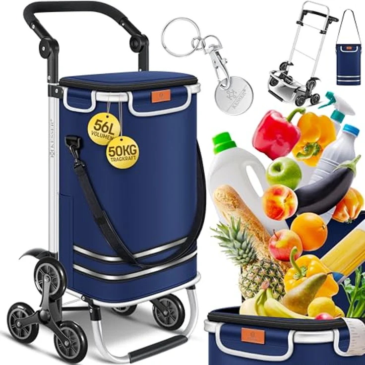KESSER® Einkaufstrolley Treppensteiger, 56L Kühlfach, belastbar bis 50kg, klappbar, 3in1 Trolley Sackkarre & Umhängetasche, Navyblau – Bild 1