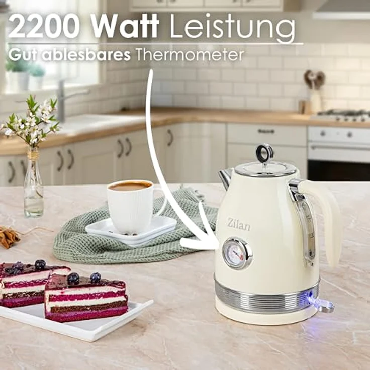 Zilan Retro Wasserkocher Edelstahl 1,7L, kabellos mit 360° Basis, 2200W, verdecktes Heizelement, Abschaltautomatik, Trockenlaufschutz, Ein/Aus-Schalter mit blauer LED – Bild 3