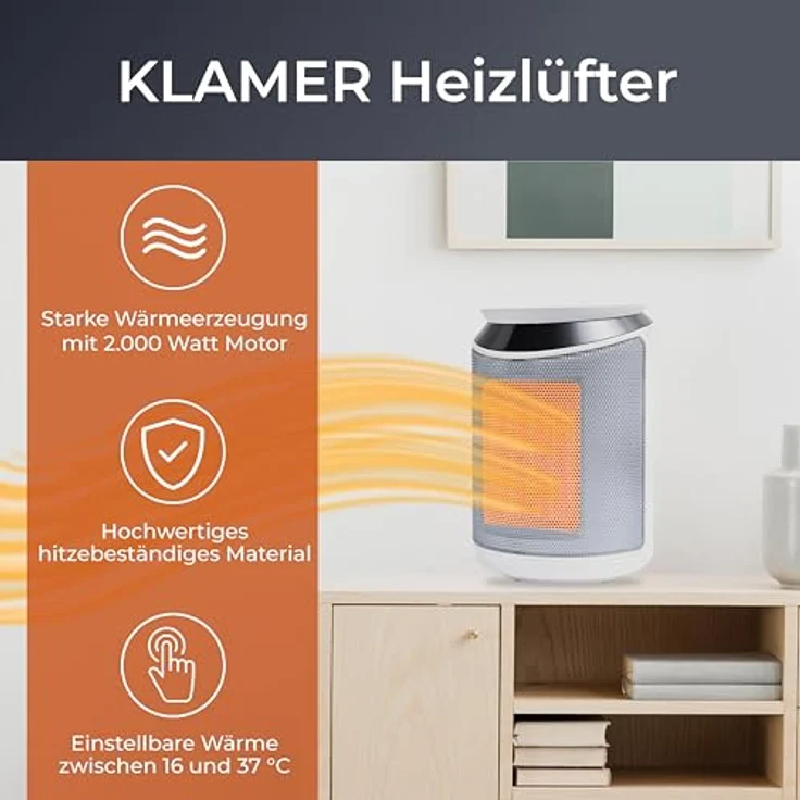 KLAMER Heizlüfter 2000 W, PTC Keramik Heizlüfter energiesparend, 3 Heizstufen inkl. Eco, 9 Std Timer, Kippschutz, Thermosicherung, Überhitzungsschutz – Bild 2