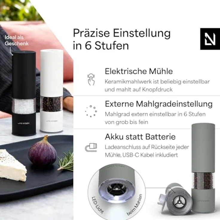 LARS NYSØM Salz- und Pfeffermühle Elektrisch 2er Set, Edelstahl mit einstellbarem Keramik-Mahlwerk, USB-C wiederaufladbar, Ash Gray – Bild 2