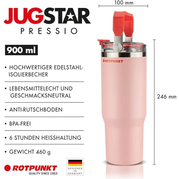 ROTPUNKT Thermobecher Edelstahl 500 ml, auslaufsicherer Isolierbecher mit Strohhalm & Click & Go Öffnung, BPA-frei, klappbarer Tragegriff, coral – Bild 3