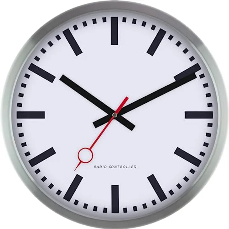 Eurotime Funkwanduhr, 35 cm, im Bahnhofsdesign, geräuscharmes Funkwerk, Aluminiumrahmen, automatische Zeitein- und Zeitumstellung, 59530-07