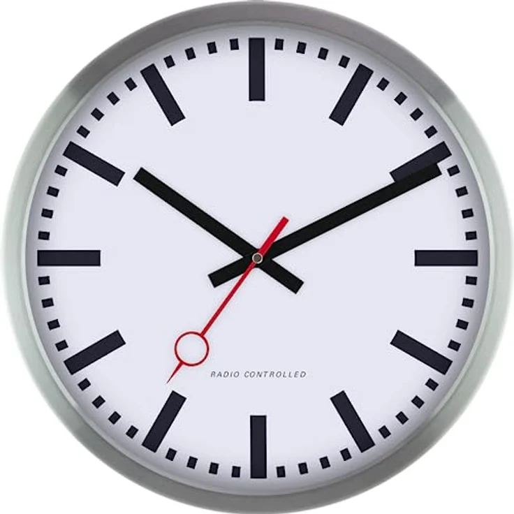 Eurotime Funkwanduhr, 35 cm, im Bahnhofsdesign, geräuscharmes Funkwerk, Aluminiumrahmen, automatische Zeitein- und Zeitumstellung, 59530-07 – Bild 1