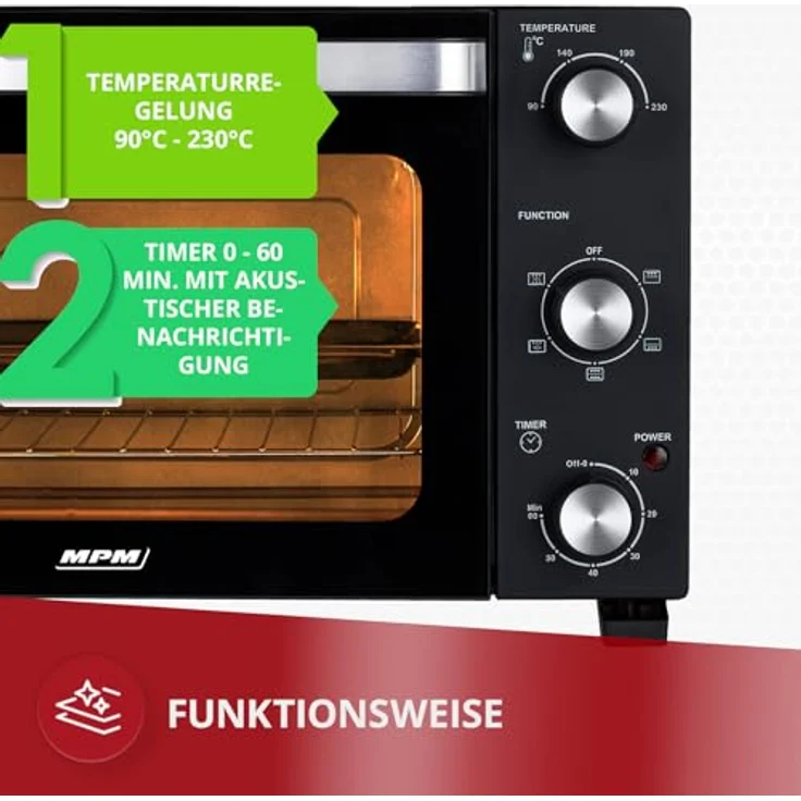 MPM MPE-14/T Mini Backofen 22L - Elektrobackofen 1300W mit Umluft und Doppelglas-Tür, Weiß – Bild 4