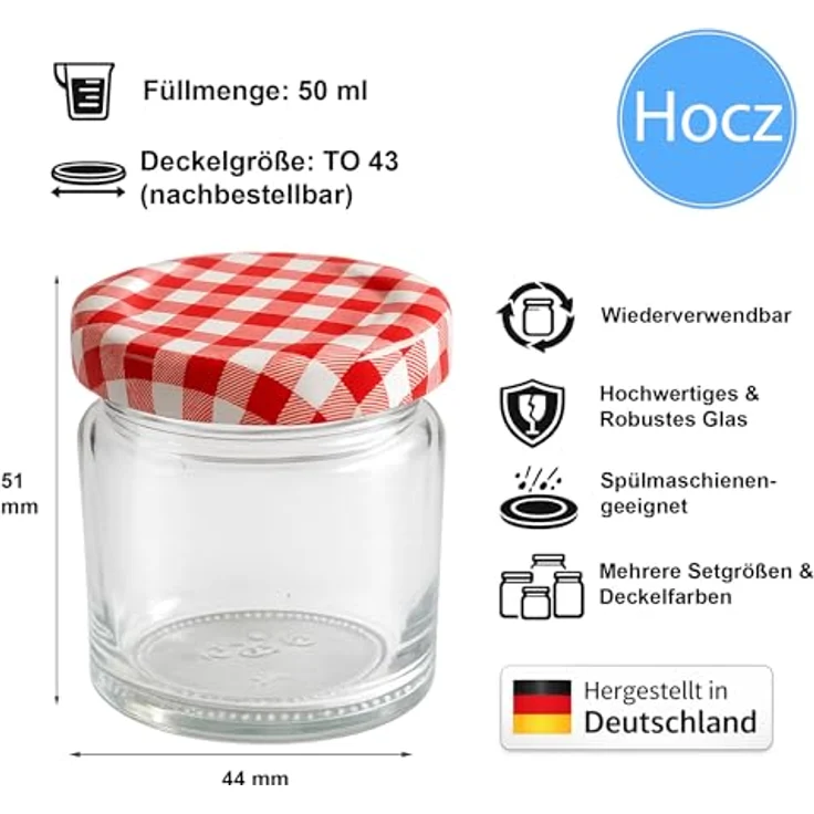 hocz 25x Mini Marmeladengläser 50 ml Set, Schraubgläser mit rotem kariertem Deckel, luftdicht und spülmaschinenfest, ideal für Marmelade und Geschenke – Bild 2