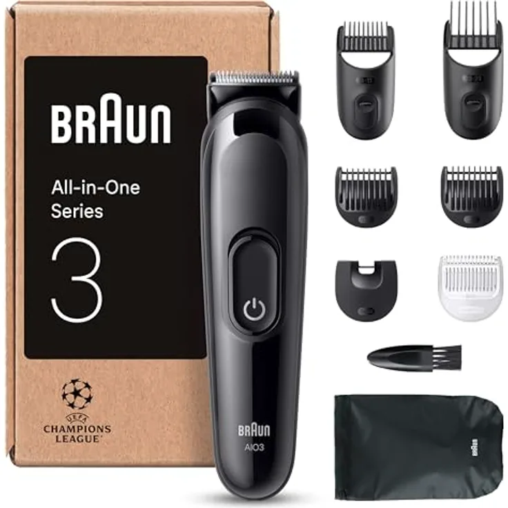 Braun All-in-One Series 3 Trimmer AIO3545, 8-in-1 Set mit ultrascharfer Klinge, 14 Längeneinstellungen, 50 Min Akkulaufzeit, Schwarz