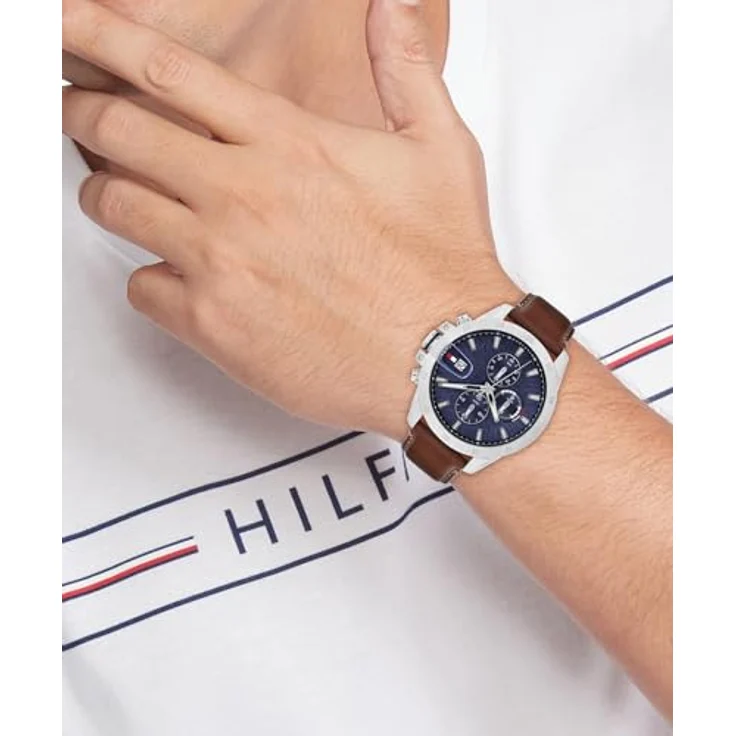 Tommy Hilfiger 1792195, Herren Dual-Time Uhr mit braunem Lederarmband, 43mm Edelstahlgehäuse, blaues Zifferblatt, 5 ATM wasserdicht – Bild 4