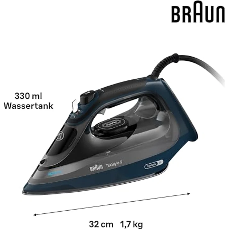 Braun TexStyle 9 SI9682 DB Dampfbügeleisen mit FreeGlide 3D Technologie, Vertikaldampf, Anti-Tropf-Funktion, Selbstreinigungsfunktion, 330 ml Einfüllöffnung, 260 g/min, 3200W, Dunkelblau – Bild 3