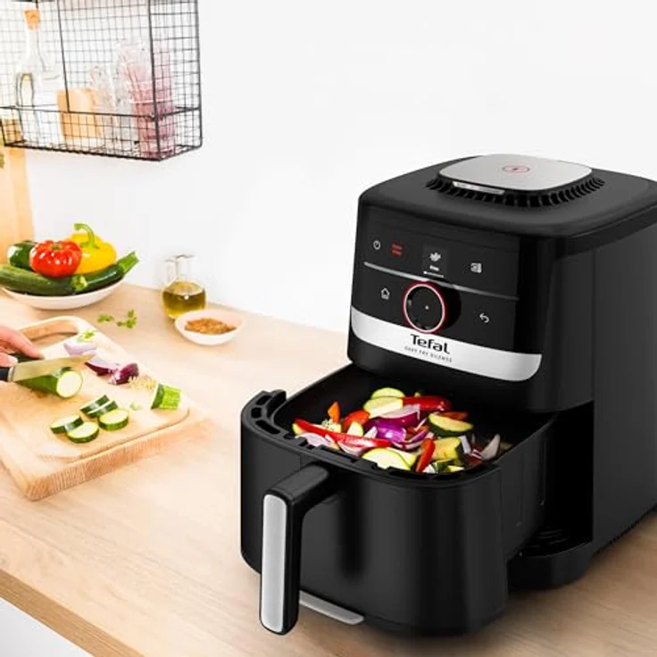 Tefal Easy Fry Smart & Silence Heißluftfritteuse EY5728, extrem leise, Smart-Assist-System, 5 Liter, Antihaftbeschichtung, bis zu 55 Lebensmitteln, Schwarz/Edelstahl – Bild 3