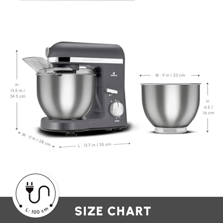Karaca Mastermaid Chef Pro Double Armed Küche Koch 1500W Space Gray, Glänzend Cream, 1500W, 5 L Mixer, Food Processor, Geschwindigkeitseinstellung, Knethaken, Verquirlen, Kneten und Mischen – Bild 3