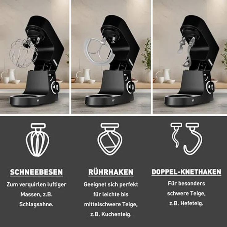 Heinrich's HKM 8080, Küchenmaschine 2500 W mit 8 L Edelstahl-Schüssel und 8 Geschwindigkeiten, Schwarz – Bild 4