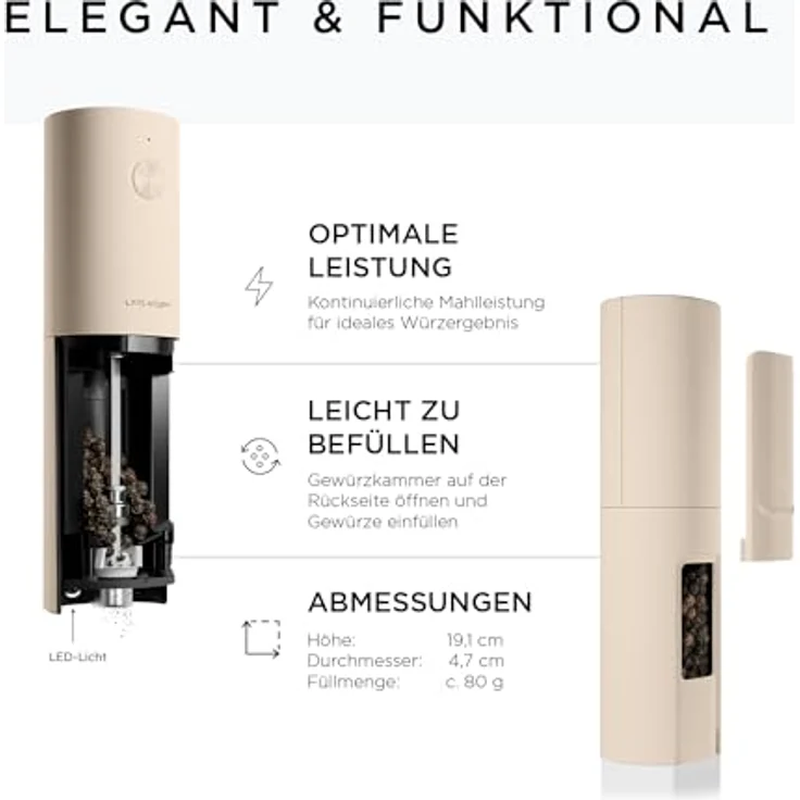 LARS NYSØM Salz und Pfeffer Mühle Elektrisch 2er Set mit einstellbarem Keramik-Mahlwerk von grob bis fein I Design Gewürzmühlenset Automatisch (2 Stück, Buttercream) – Bild 4