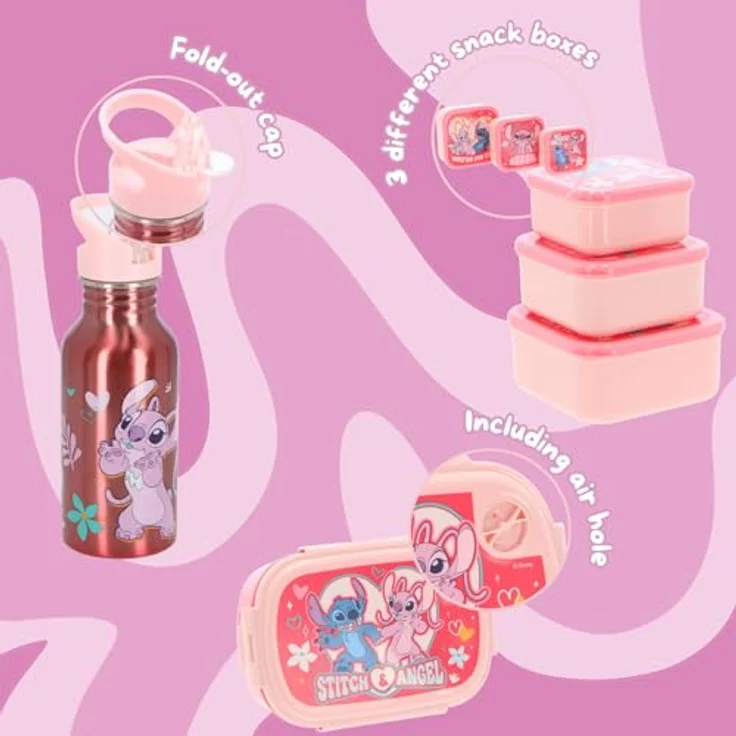 Lilo and Stitch Stitch & Angel Lunchset für Kinder, 5-teilig mit Brotdose, 3 Snackboxen & Trinkflasche, Rosa Design, ideal für Schule und Ausflüge – Bild 2