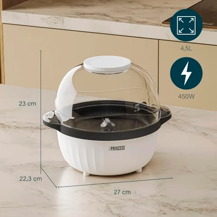 Princess Popcornmaschine 292980, 4,5 L mit motorisiertem Rührstab, Butter-Schmelzfach, transparentem Deckel und Servierschüssel, 450 W, kompakt und leicht zu reinigen – Bild 2