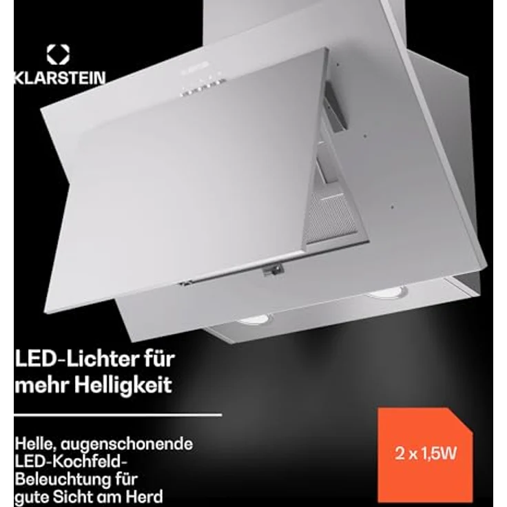 Klarstein Dunstabzugshaube 60cm, Abluft/Umluft Dunstabzugshaube mit Spülmaschinenfestem Filter, LED-Beleuchtung, Energieeffizienz A++, leise mit 305m³/h Luftstrom, Edelstahl – Bild 4
