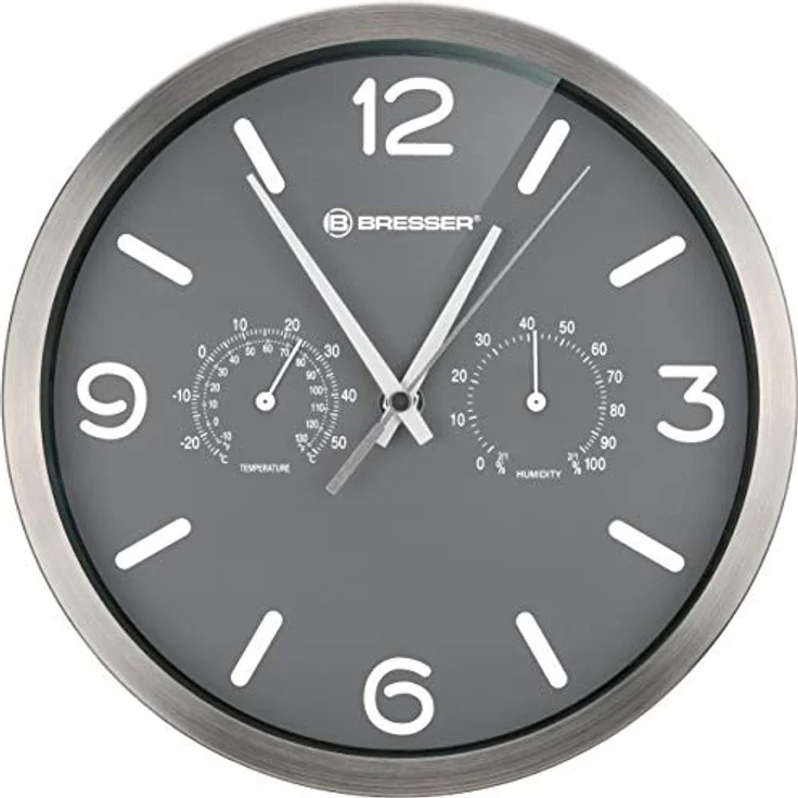 Bresser Funkuhr Wanduhr MyTime ND Thermo-Hygro mit geräuschlosem Funkuhrwerk, Edelstahlrahmen und Anzeige für Temperatur und Luftfeuchtigkeit, Grau, 250x250mm – Bild 2