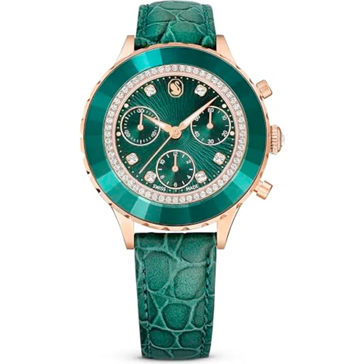 Swarovski Octea Chrono Uhr, Schweizer Produktion, Lederarmband, Grün, Roségoldfarbenes Finish