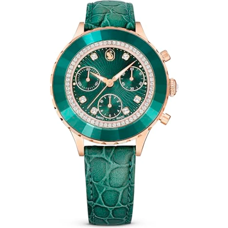 Swarovski Octea Chrono Uhr, Schweizer Produktion, Lederarmband, Grün, Roségoldfarbenes Finish – Bild 1