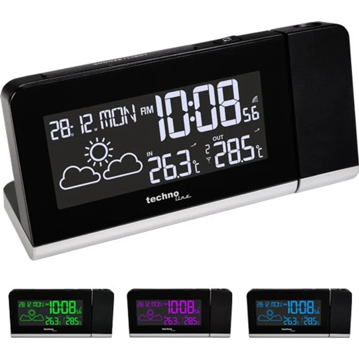 Technoline Projektionswecker WT 539, Funkuhr mit Innen-/Außentemperatur, Wettervorhersage und Farbwechselanzeige, Schwarz – Bild 5