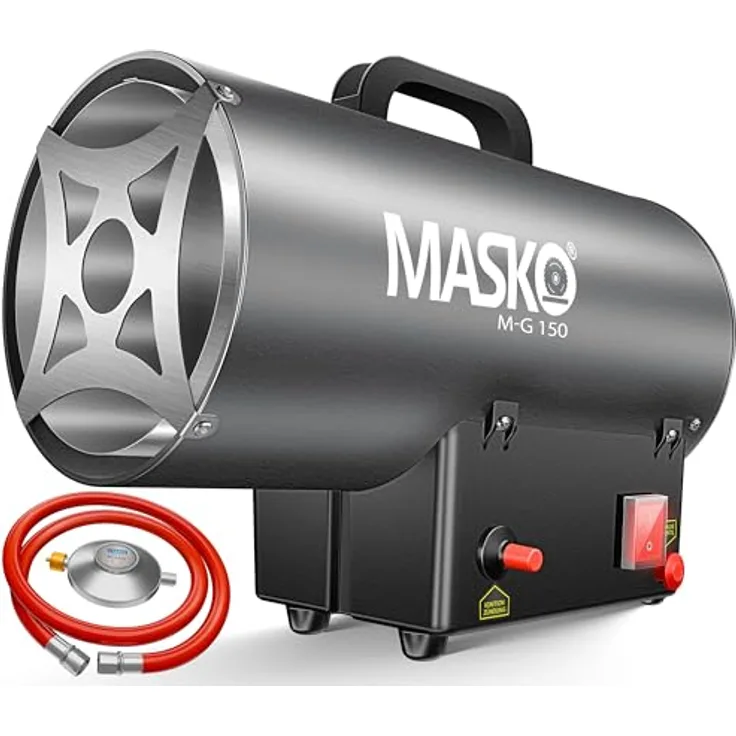 MASKO Gasheizgebläse Heizkanone, 15 KW, inkl. Gasschlauch & Druckminderer, robustes Nirosta-Gehäuse, Heizleistung für 100-300 m²