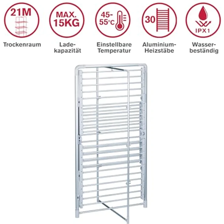 Dirt Devil DD6004, Elektrischer Turmwäscheständer mit 21 m Trockenlänge, 230W Heizfunktion, IP22 Schutz, Aluminium, bis zu 15 kg Tragkraft – Bild 3