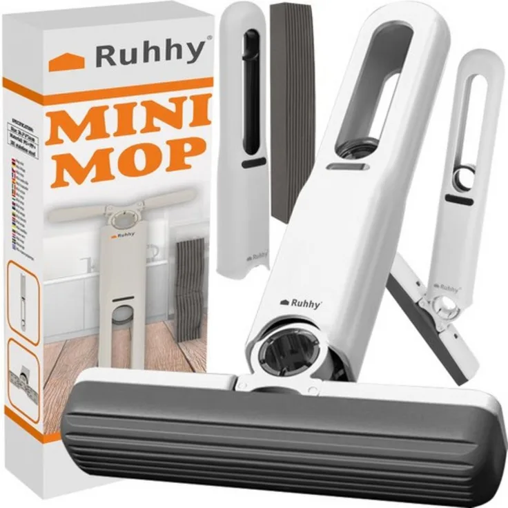 Ruhhy Wischmopp Mini Mopp, Selbstquetschend mit beweglichem Kopf, Spar-Set mit zwei austauschbaren Kappen, Weiß