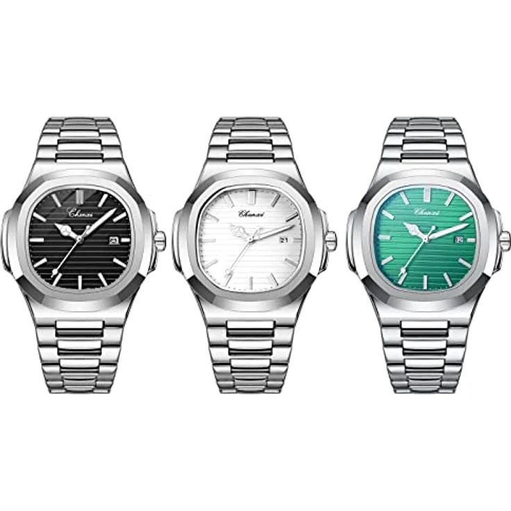 JewelryWe Herren Armbanduhr 3er Set, Analog Quarz Uhr mit rechteckigem Design, silber, 30m wasserdicht, Datum, Leuchtzeiger, Edelstahlarmband – Bild 1