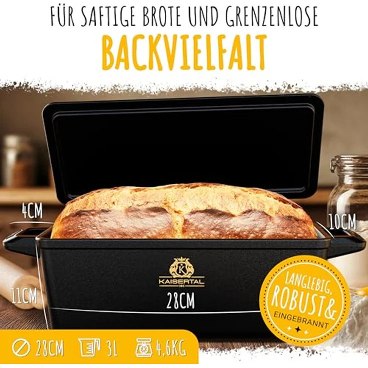 K KAISERTAL 28cm Brotbackform mit Deckel + Gärkorb - Eingebrannte Backform aus Gusseisen - Brottopf zum Backen - Kastenform mit Deckel inkl. Backen Zubehör, Farbe: Schwarz – Bild 3