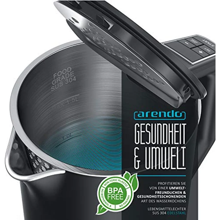 Arendo Edelstahl Wasserkocher mit Temperatureinstellung 40-100 Grad in 5er Schritten - Doppelwand Design - Modell ELEGANT - 1,5 Liter - 2200 W - Teekocher mit Temperaturanzeige - GS - Schwarz – Bild 3