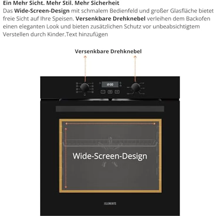 KB ELEMENTS ELK75EV1 Einbaubackofen 60 cm, 73 Liter, Aqua Clean, Circle Fan Heater, Wide-Screen-Window, versenkbare Drehknebel, 3000 Watt – Bild 5