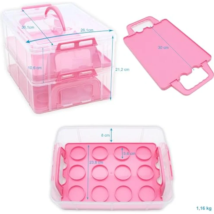 INTIRILIFE Transportbox Behälter für Kuchen und Cupcakes 2 Etagen aus Kunststoff in Pink - 36.1 x 26.1 x 21.2 cm - Großzügiger Stauraum für bis zu 24 Cupcakes - Flexibles und sicheres Design - Leicht zu reinigen – Bild 2