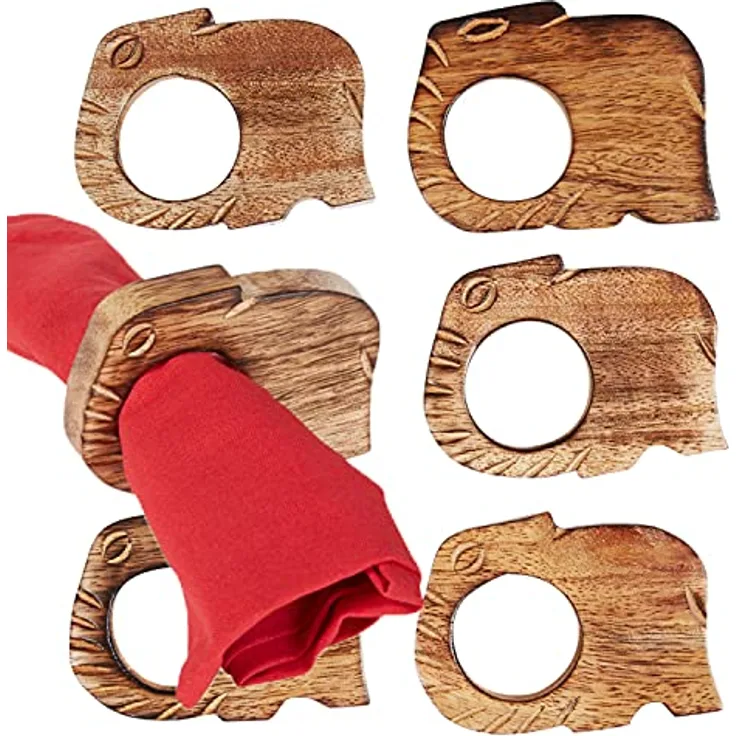 MARRAKESCH 6er Set Serviettenhalter Serviettenringe aus Holz kiran xxcm groß braun | Elefant Serviettenschnalle für Weihnachten Bankett Hochzeit handgefertigt als Tischdeko auf den gedeckten Tisch
