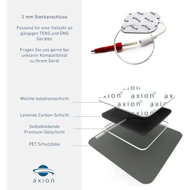Axion Elektrodenpads 4x4cm, selbstklebende TENS EMS Elektroden mit 2mm Steckanschluss, 16 Stück для Prorelax und Promed – Bild 5