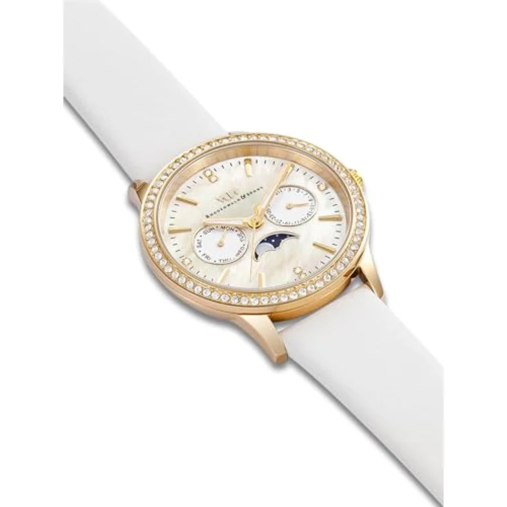 Rhodenwald & Söhne Damen Quarz Uhr 10010433, analog mit multifunktionalem Zifferblatt, weißem Echtlederarmband und Kristallverzierungen, 38 mm Edelstahl-Gehäuse – Bild 3