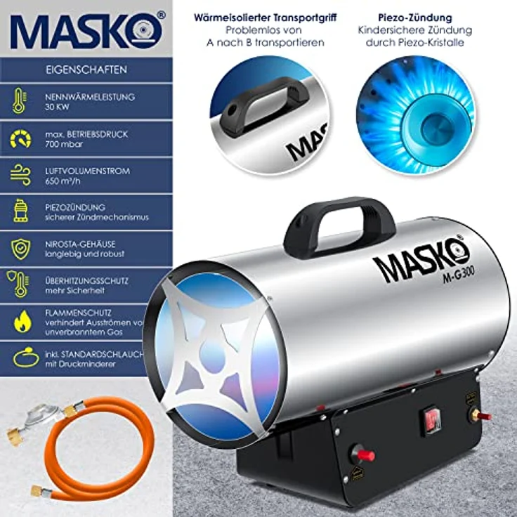 MASKO Gasheizgebläse Gasheizer Heizkanone Gasheizstrahler Bauheizer Gas Heizgerät heizstrahler Heißluftgenerator inkl. Gasschlauch & Druckminderer Heizgebläse für handelsübliche Gasflaschen Silber, 30 kW,  – Bild 2