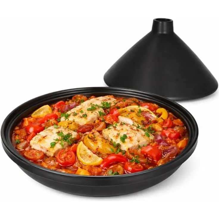 MamboCat Tajine, Schmorform aus matt schwarz Steingut mit Deckel, 24 cm, für Ofen bis 200 °C, ideal zum Garen und Servieren von Tajine-Gerichten