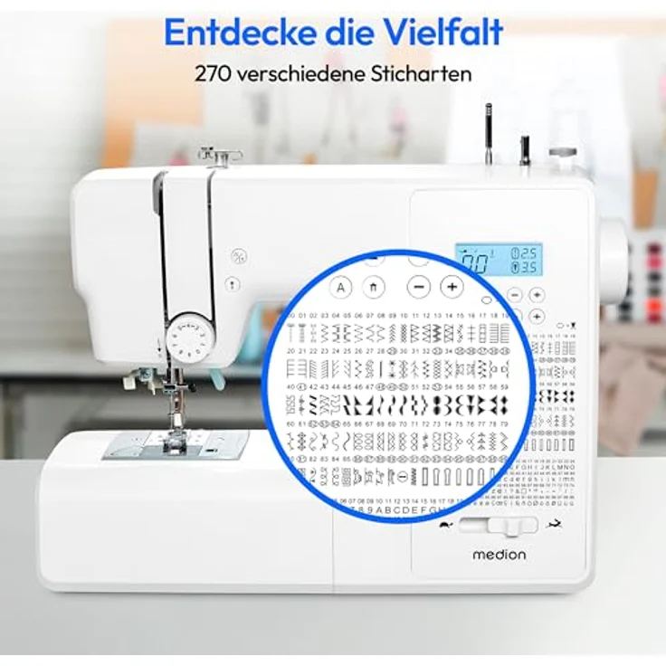 Medion® Computer-Nähmaschine MD 11881, 270 Stichmuster, 1-Schritt Knopfloch, 8 Programme, Doppelnadelfunktion, Automatischer Einfädler, Geschwindigkeitsregler – Bild 5