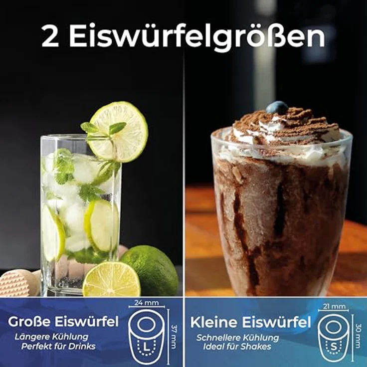 KLAMER Eiswürfelmaschine Weiss, 10 Eiswürfel in 7-9 Minuten, 15 kg Eiswürfel pro Tag, 2 Eiswürfelgrößen, 2,1 L Wassertank, 120 W Ice Maker mit Timer, Leiser Eiswürfelbereiter mit Eisschaufel – Bild 5